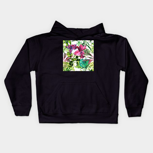 Seamless tropical flower, plant and leaf pattern background Kids Hoodie by Olga Berlet